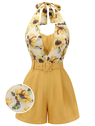 Tuta corta giallo girasoli con scollo all'americanaanni '50