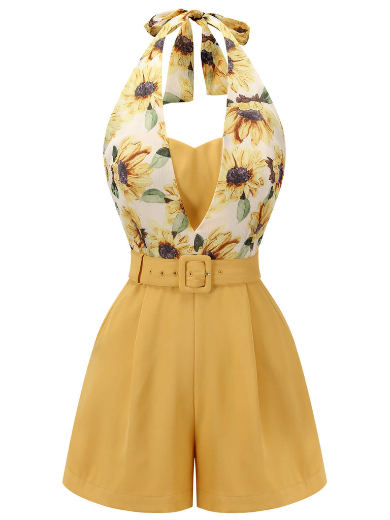 Tuta corta giallo girasoli con scollo all'americanaanni '50