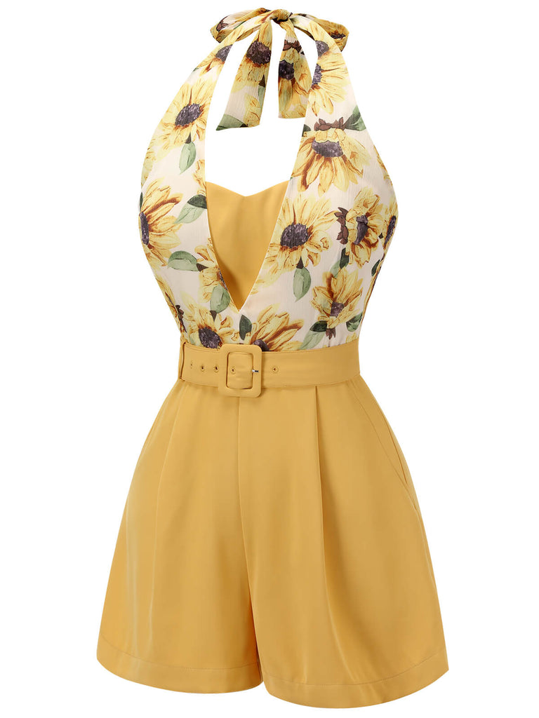 Tuta corta giallo girasoli con scollo all'americanaanni '50