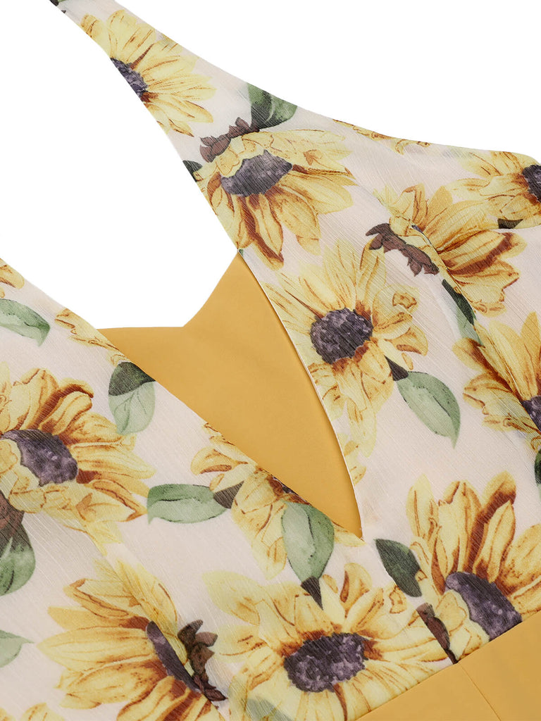 Tuta corta giallo girasoli con scollo all'americanaanni '50