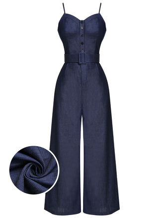Tuta da cowboy con spalline sottili blu navy anni '30