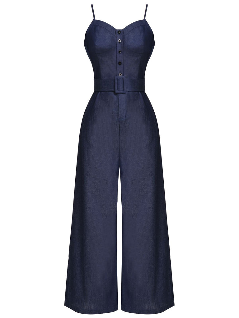 Tuta da cowboy con spalline sottili blu navy anni '30