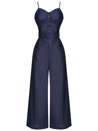 Tuta da cowboy con spalline sottili blu navy anni '30