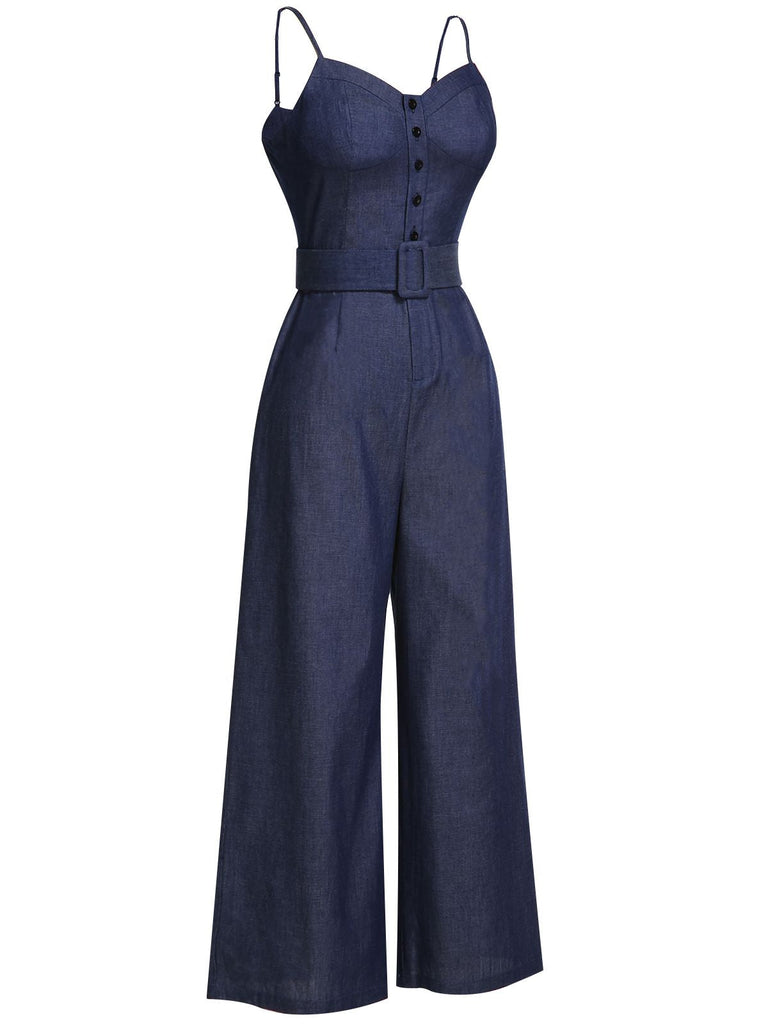 Tuta da cowboy con spalline sottili blu navy anni '30