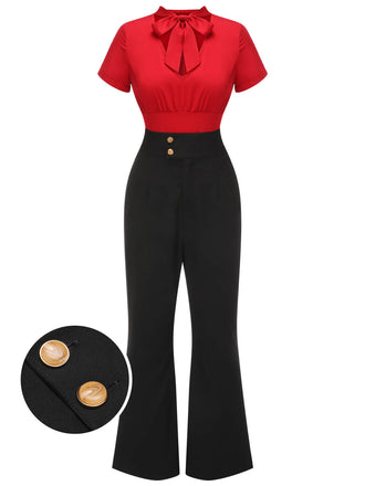 2PCS Camicetta rossa annodata e pantaloni nero anni '40