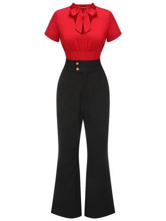2PCS Camicetta rossa annodata e pantaloni nero anni '40