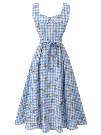 Abito plaid a rosa lacci fiocco blu anni '40