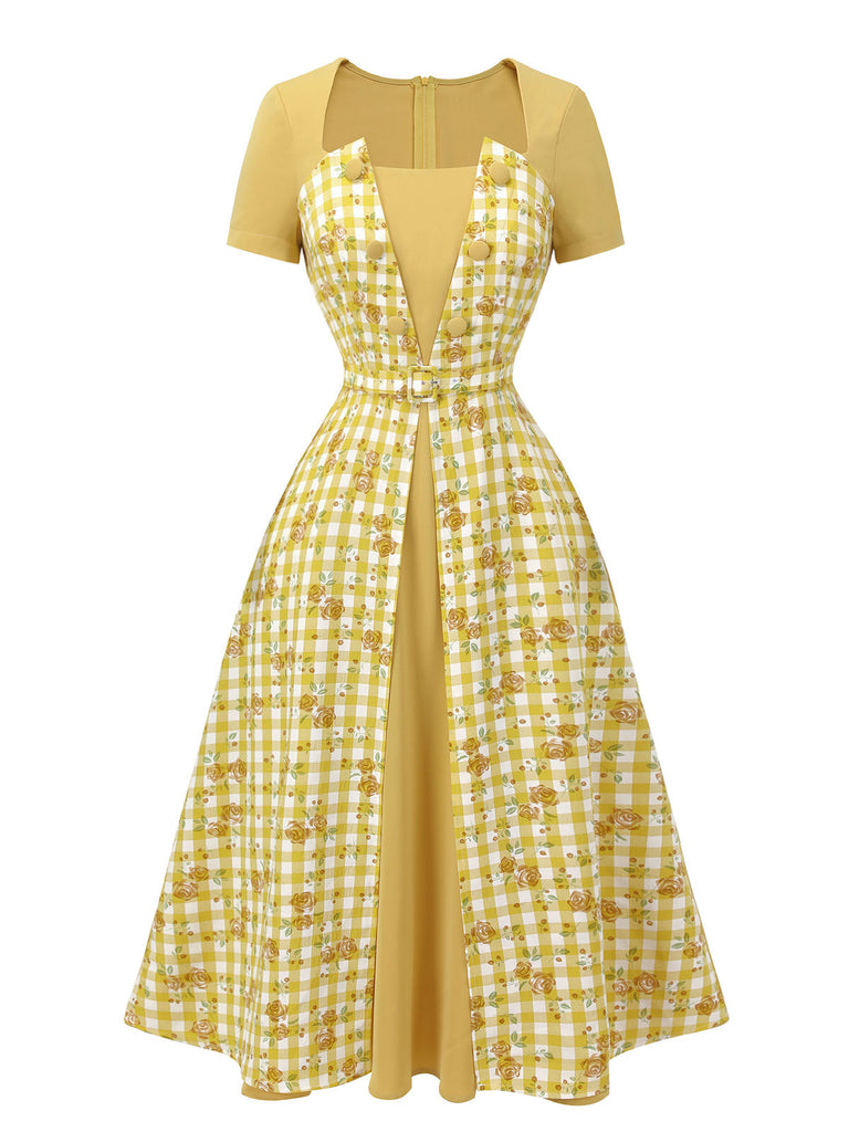 Abito raglan a rosé plaid giallo anni '50