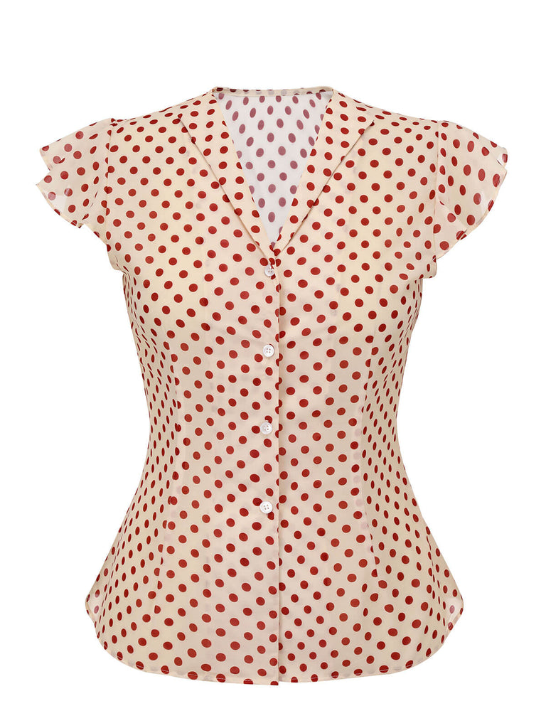 Camicetta a pois con maniche a palloncino rosso anni '50