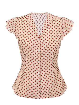 Camicetta a pois con maniche a palloncino rosso anni '50