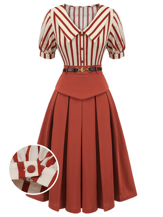 2PCS camicetta a righe e gonna rosso arancione anni '50