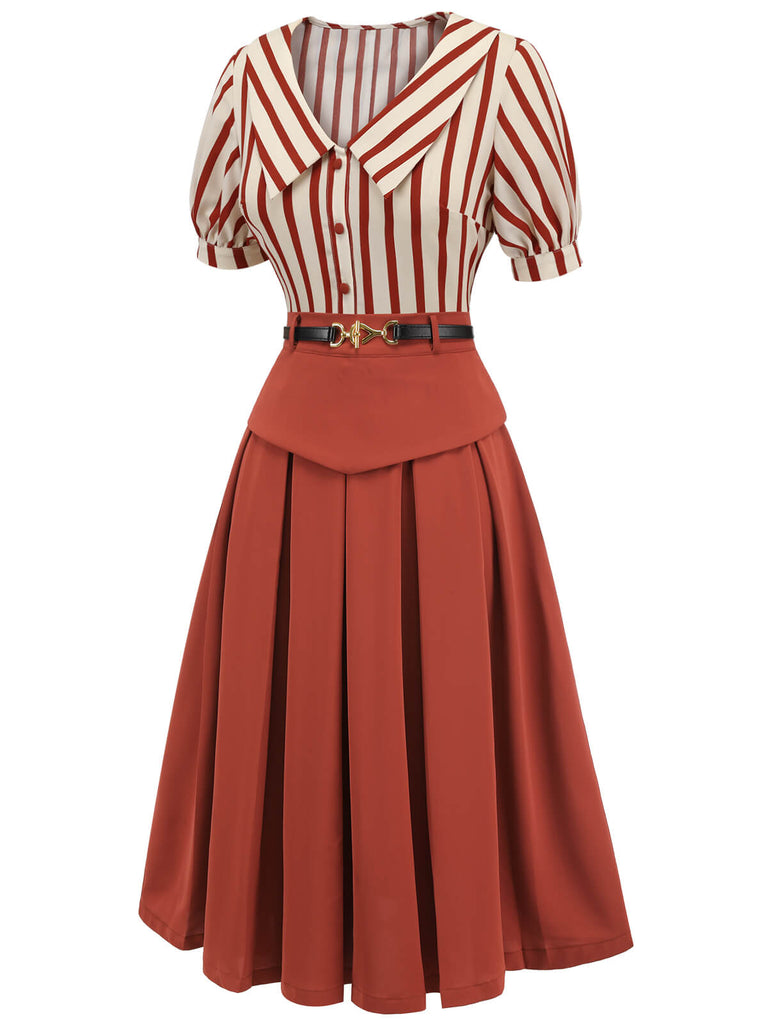 2PCS camicetta a righe e gonna rosso arancione anni '50