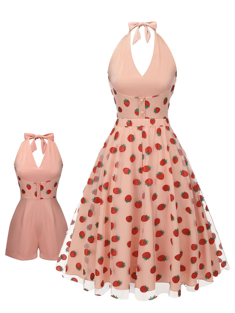 2PCS Tuta corta scollo a V e gonna a ombrello rosa anni '50