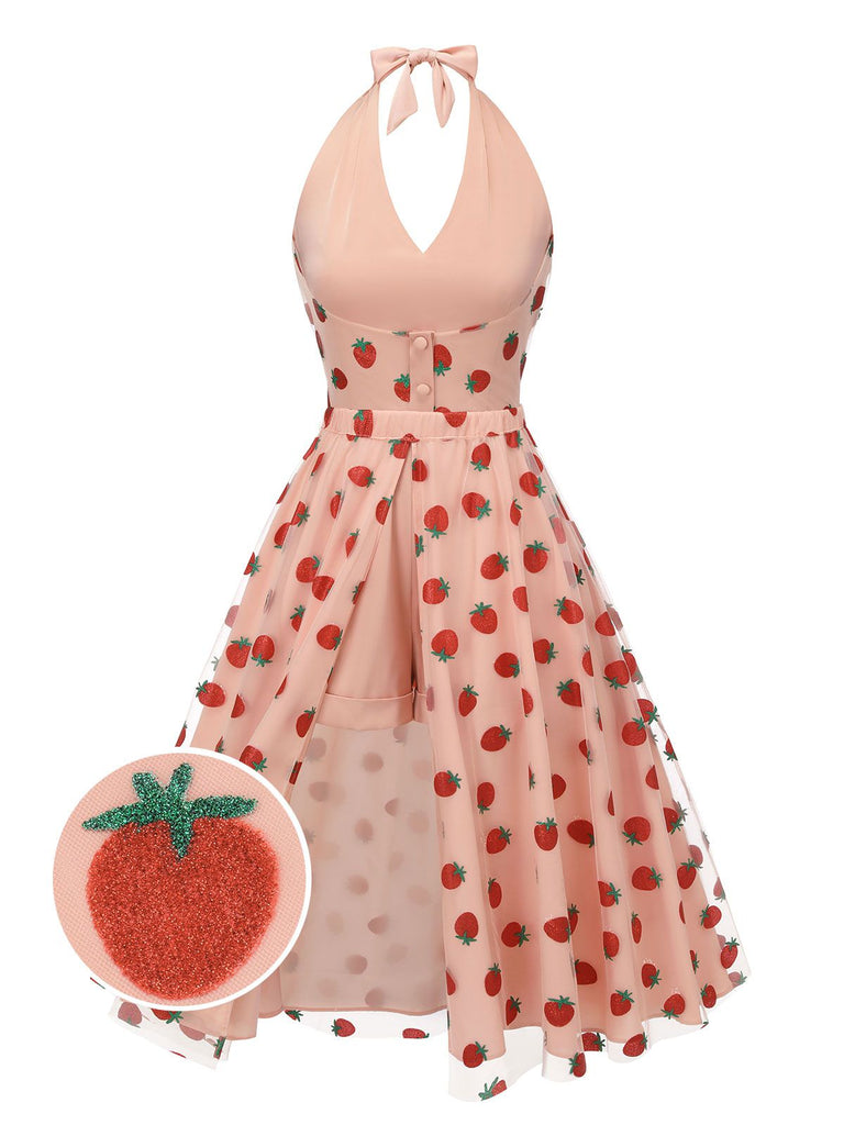 2PCS Tuta corta scollo a V e gonna a ombrello rosa anni '50
