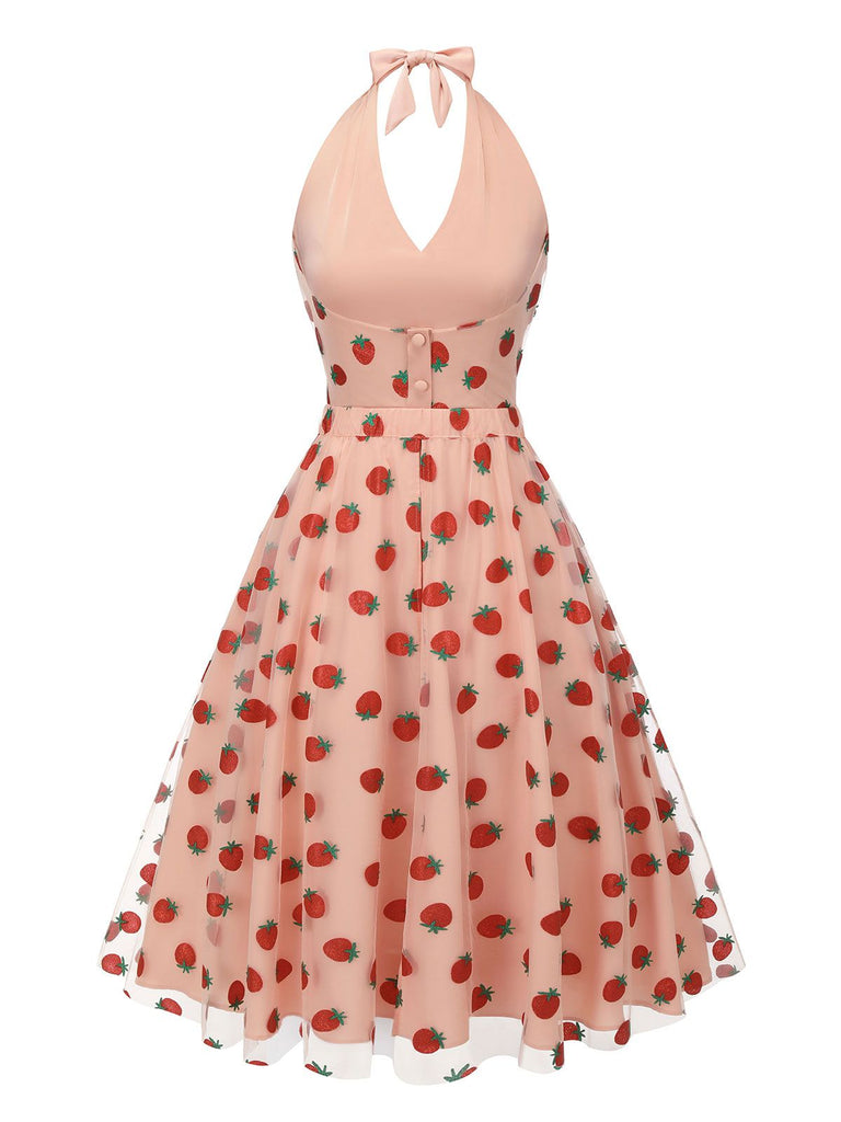 2PCS Tuta corta scollo a V e gonna a ombrello rosa anni '50