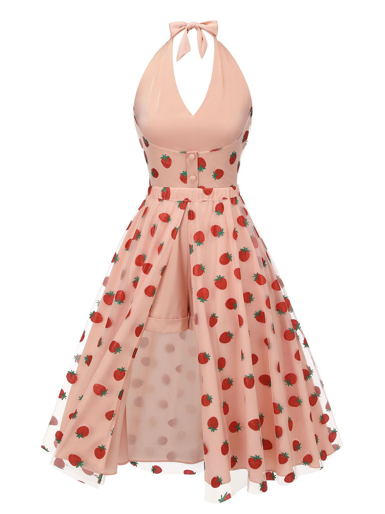 2PCS Tuta corta scollo a V e gonna a ombrello rosa anni '50