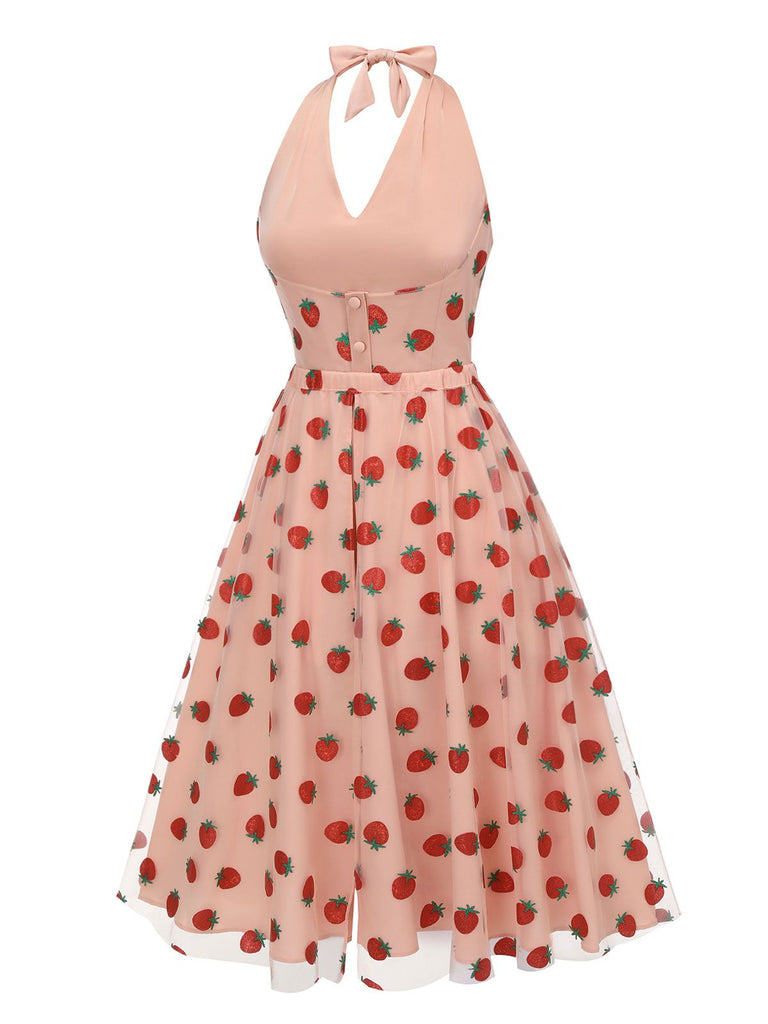 2PCS Tuta corta scollo a V gonna a ombrello rosa anni '50