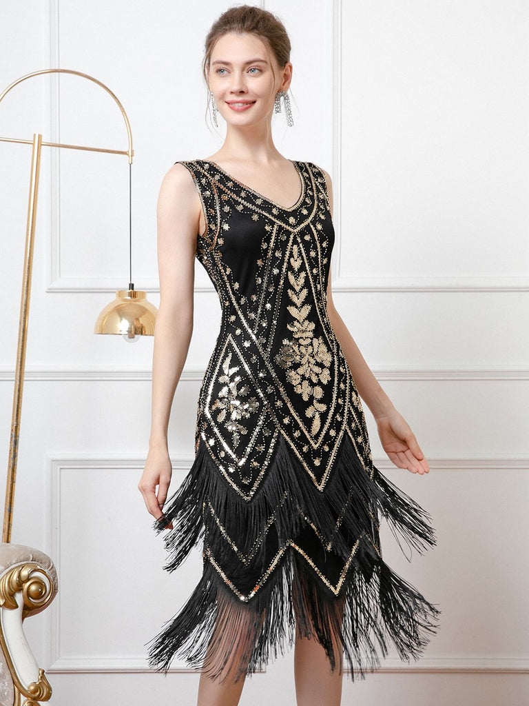 Abito senza maniche scollo a V paillettes nappe anni '20