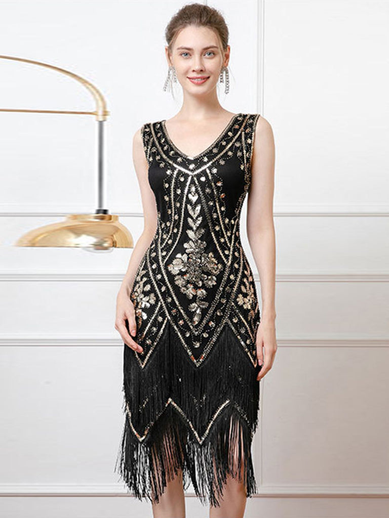 Abito senza maniche scollo a V paillettes nappe anni '20