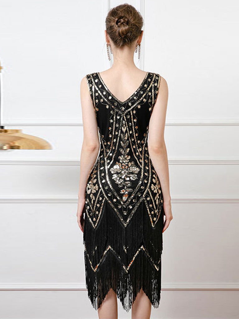 Abito senza maniche scollo a V paillettes nappe anni '20