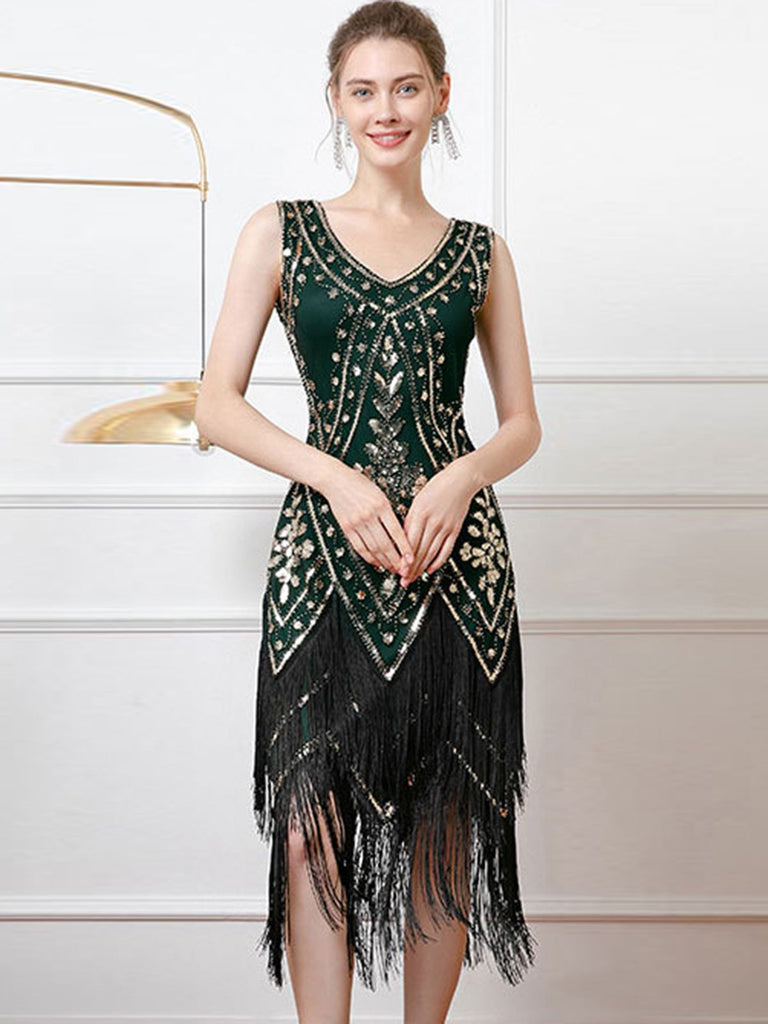 Abito senza maniche scollo a V paillettes nappe anni '20