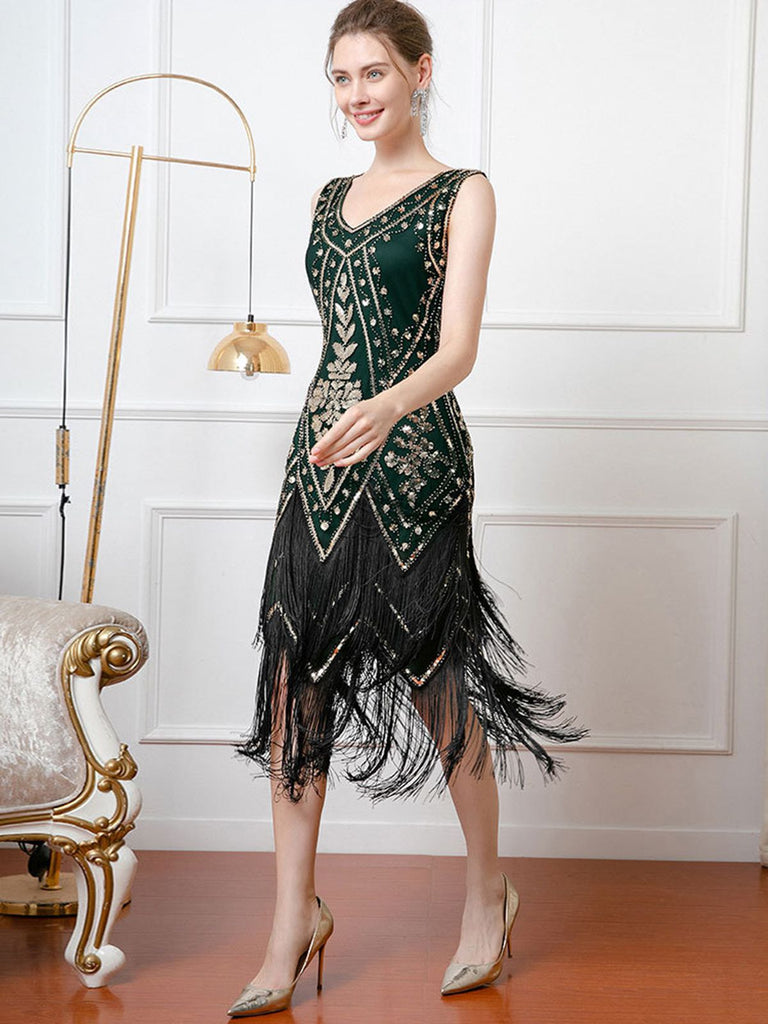 Abito senza maniche scollo a V paillettes nappe anni '20