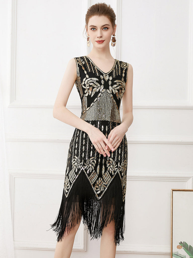Abito Gatsby senza maniche paillettes nappe oro anni '20