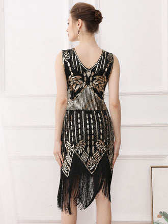 Abito Gatsby senza maniche paillettes nappe oro anni '20