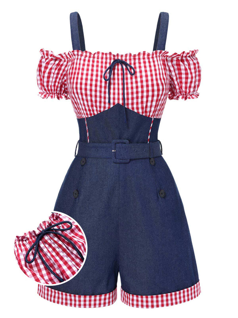 Tuta corta in denim a contrasto spalle scoperte anni '50