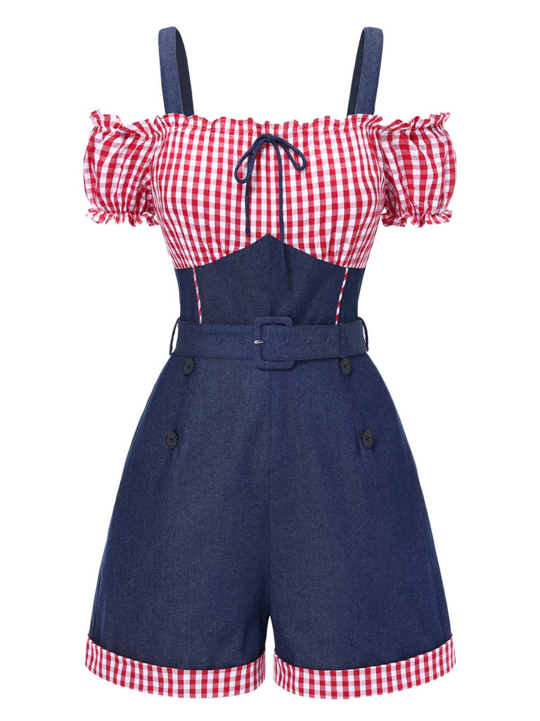 Tuta corta in denim a contrasto spalle scoperte anni '50
