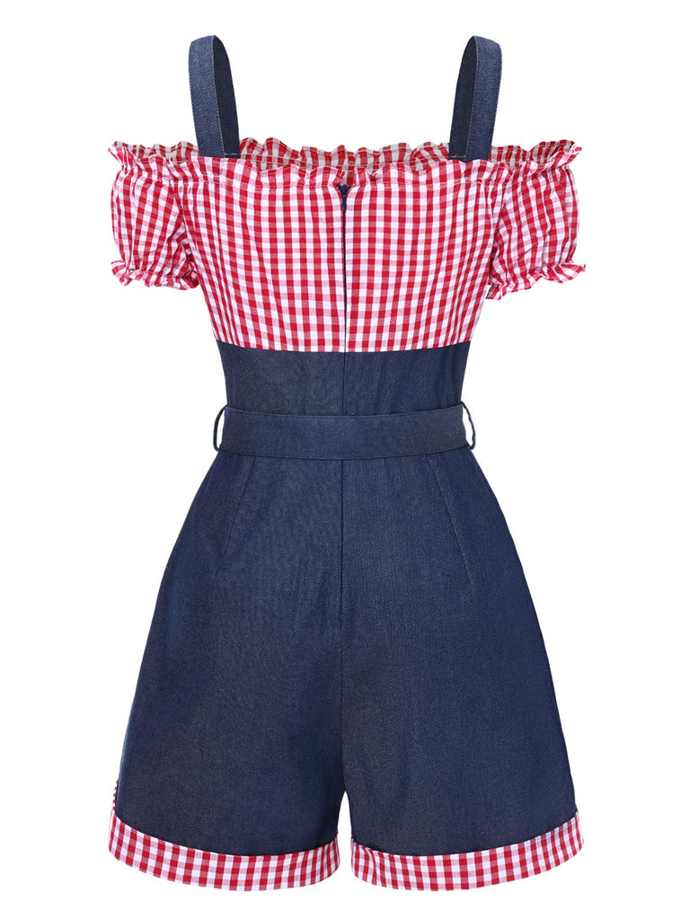 Tuta corta in denim a contrasto spalle scoperte anni '50