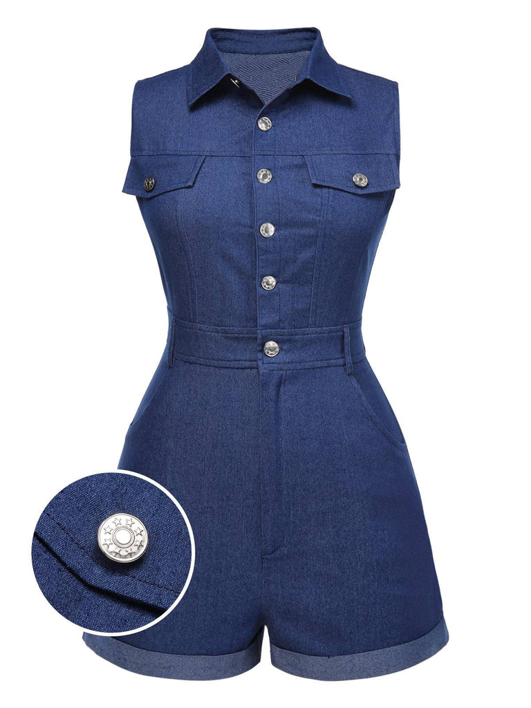 [Prevendita] Tuta corta in cotone tinta unita in denim blu anni '70