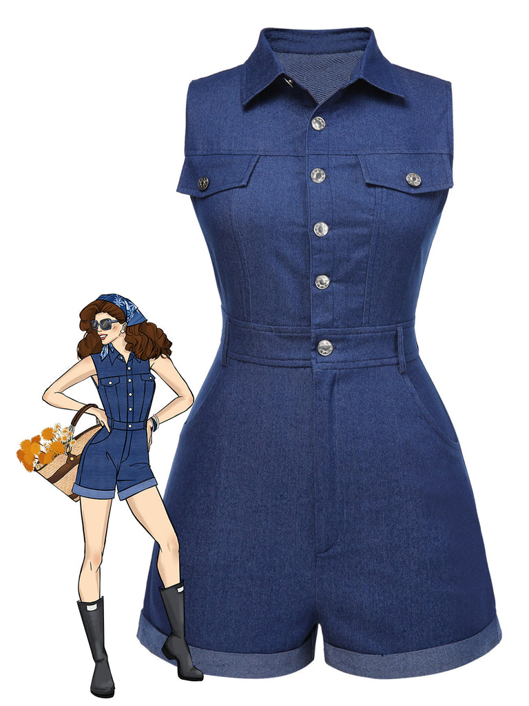 [Prevendita] Tuta corta in cotone tinta unita in denim blu anni '70