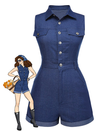 [Prevendita] Tuta corta in cotone tinta unita in denim blu anni '70