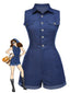 [Prevendita] Tuta corta in cotone tinta unita in denim blu anni '70