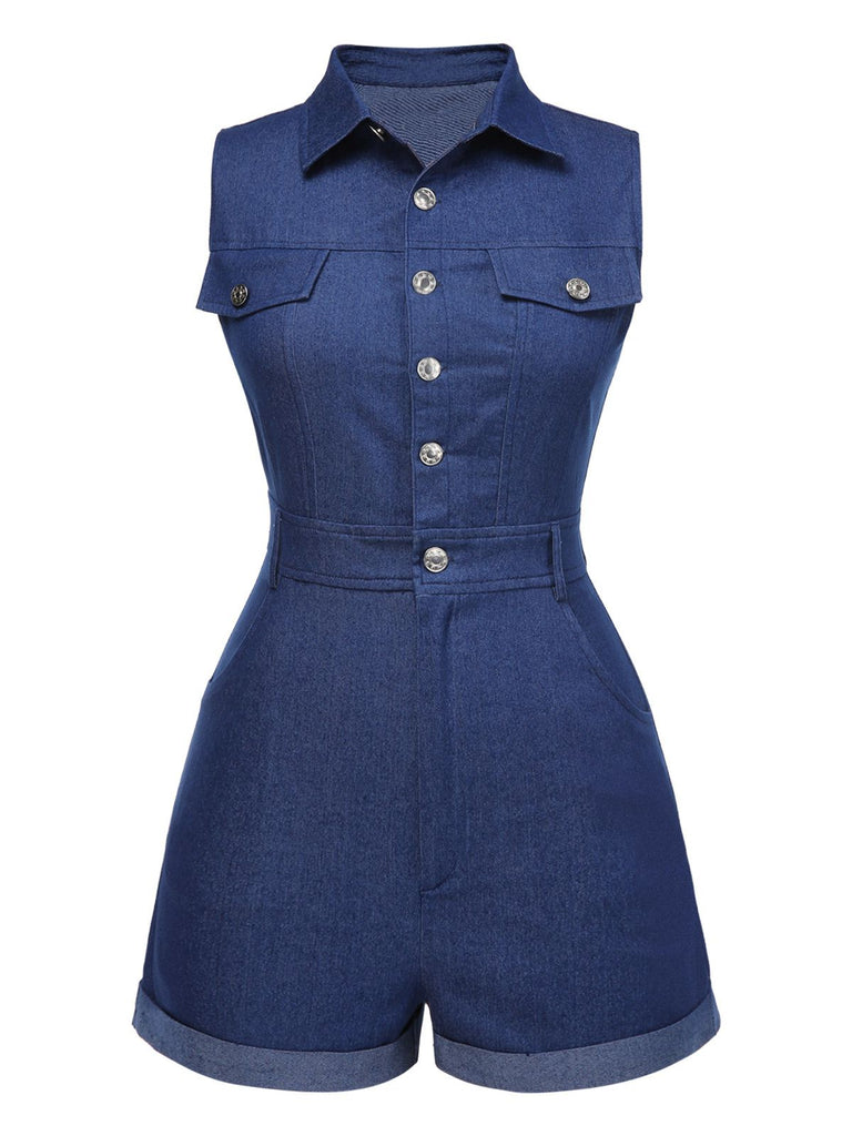 Tuta corta in cotone tinta unita in denim marrone anni '70