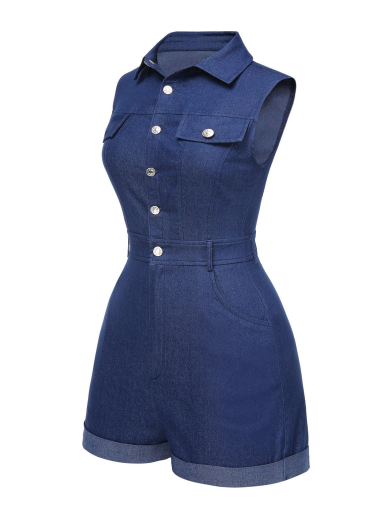 Tuta corta in cotone tinta unita in denim marrone anni '70