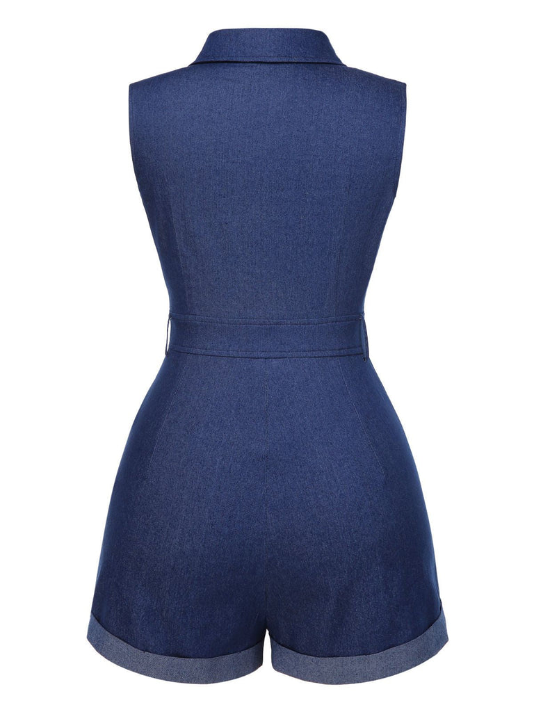 [Prevendita] Tuta corta in cotone tinta unita in denim blu anni '70