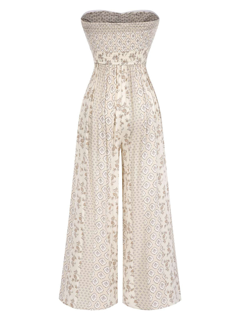 Tuta lunga bandeau beige anni '70 bohémien con floreale e fiocco