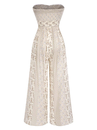 Tuta lunga bandeau beige anni '70 bohémien con floreale e fiocco