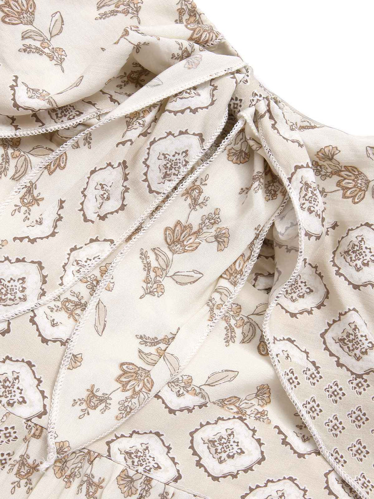 Tuta lunga bandeau beige anni '70 bohémien con floreale e fiocco