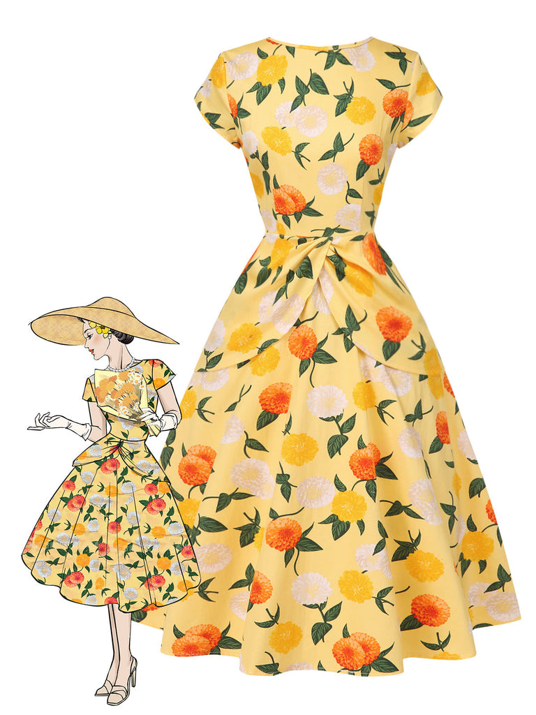 Abito arricciato fiori di ortensia giallo anni '50