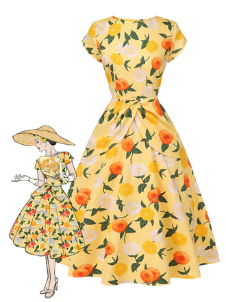 Abito arricciato fiori di ortensia giallo anni '50
