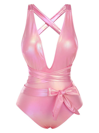 Costumi intero con lacci metallizzato rosa anni '70