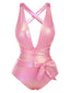 Costumi intero con lacci metallizzato rosa anni '70