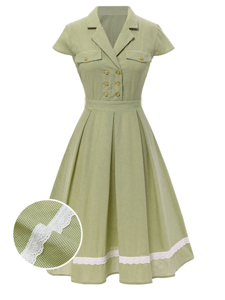 Abito patchwork in cotone plaid e pizzo verde anni '40