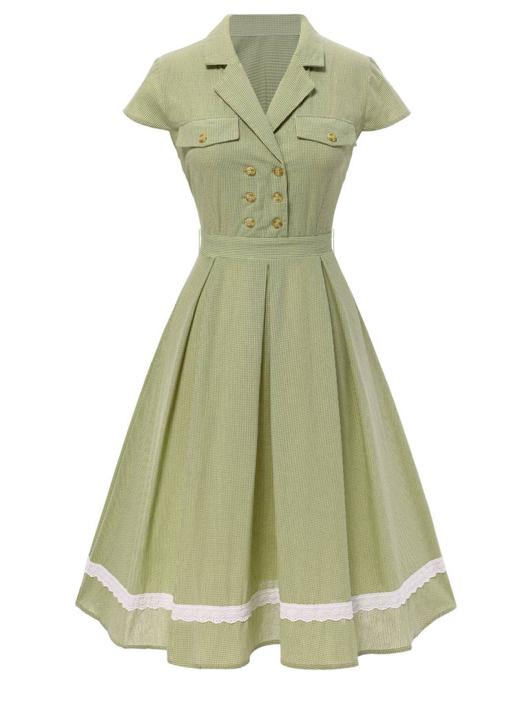 Abito patchwork in cotone plaid e pizzo verde anni '40