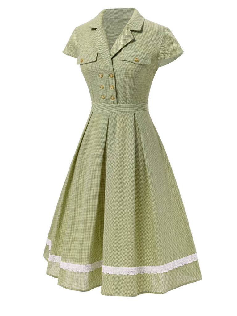Abito patchwork in cotone plaid e pizzo verde anni '40