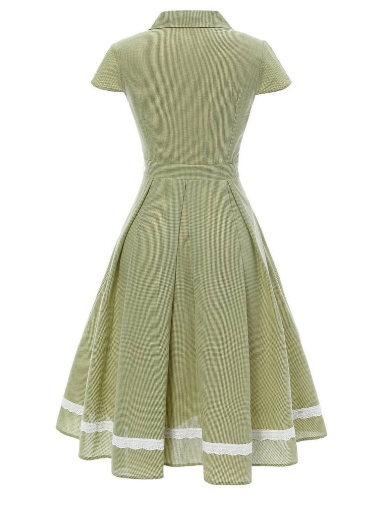 Abito patchwork in cotone plaid e pizzo verde anni '40