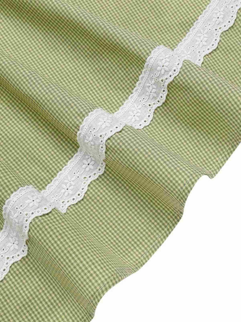 Abito patchwork in cotone plaid e pizzo verde anni '40